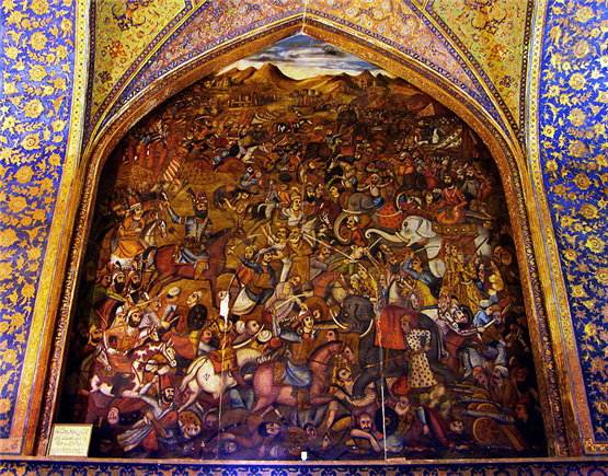 کاخ چهل ستون اصفهان کاخ با شکوه دوره صفوی -نادرشاه افشار در جنگ کرنال تابلوی بزرگی که در سلطنت وی شده‌است